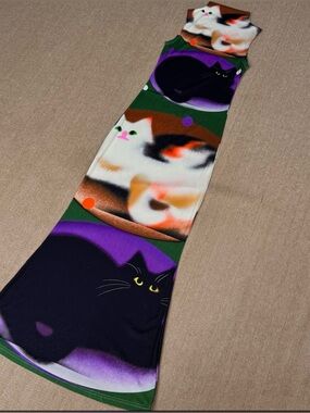 Designer’s Cat Print Sleeveless Silky Maxi Dress in Green and Purple